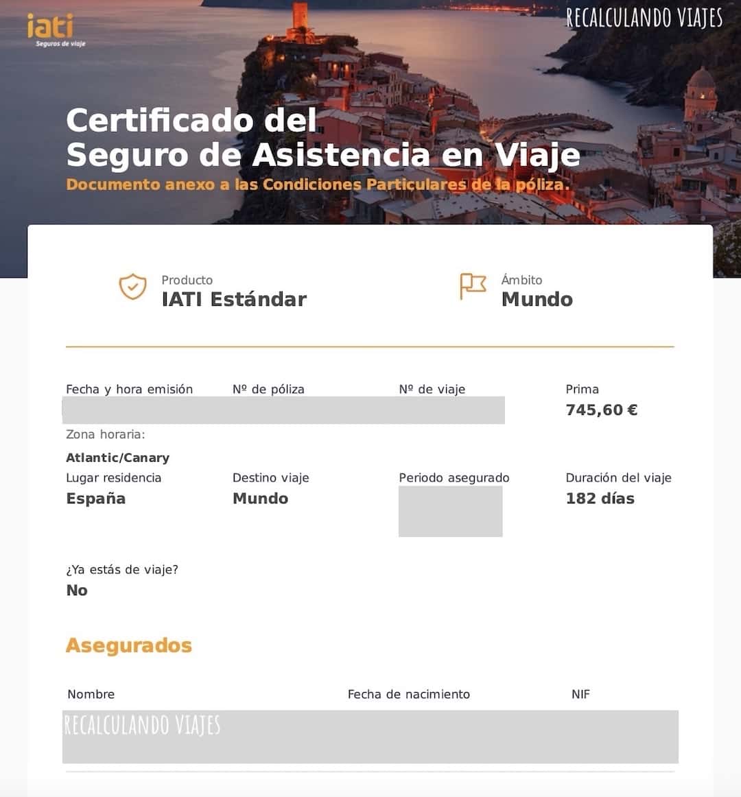 ejemplo certificado seguro de viaje